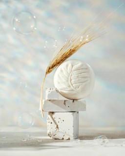An artistic composition featuring a round soap bar with plant imprint, balanced on rugged natural
