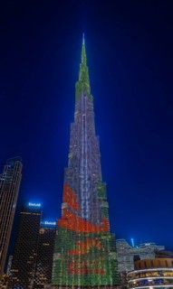 Night shot, illuminated advertising at the Burj Khalifa, Downtown, Dubai, United Arab Emirates