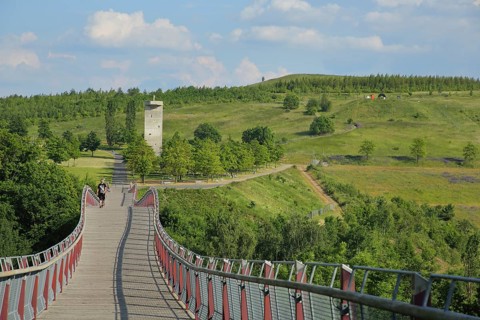 Drachenschwanzbrücke and view of observation tower, footbridge, Neue Landschaft, Ronneburg,