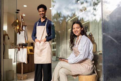 Two smiling shop assistants in a chic bag store, both wearing aprons. One standing, the other