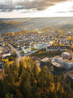 Aerial view of new development area in autumn, Calw, Black Forest, Germany