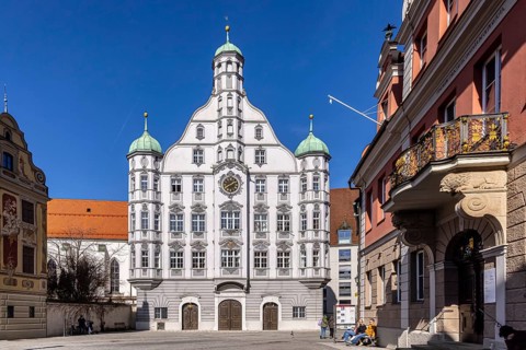 City view of Memmingen. Market square with town hall. Renaissance building of the 16th century.
