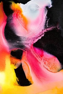 A captivating abstract liquids art piece with vibrant pinks, yellows, and whites. Dynamic swirls