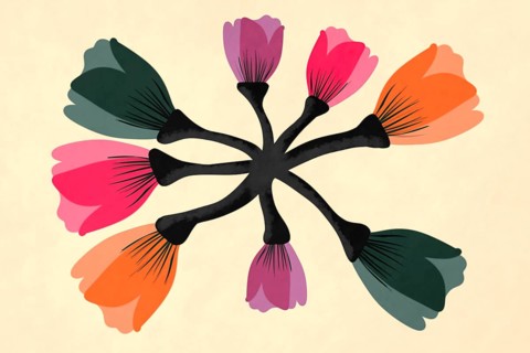 A stylized floral illustration features a unique arrangement of brushstroke petals in shades of