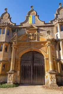 Entrance portal, Ukrainian flag, Stanway House, Stanway, The Cotswolds, England, Great Britain