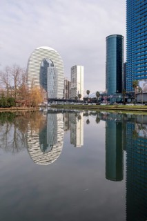 A stunning view of Batumi's modern skyline featuring distinctive architecture, mirrored in the