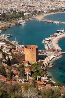 Alanya, Turkey. April 7th 2021 View of the Kizi Kule or Red Tower from the historic ancient castle