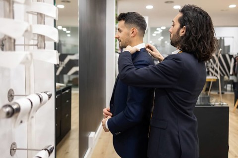 A tailor expertly adjusts a suit jacket on a client in a sleek, modern suit store interior. The