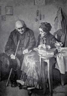 Memories of two elderly people, grandfather and grandmother, sitting at the table in the living