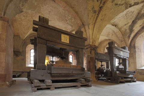 Two wine presses, lay refectory, Eberbach Abbey, Taunus, Hesse, Germany