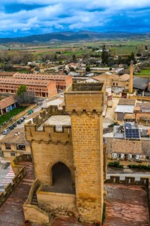 Majestic medieval tower of the royal palace of olite overlooking the charming town and serene