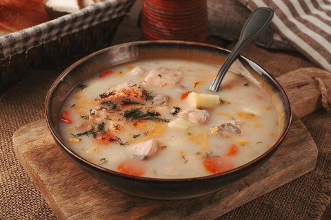 Finnish fish soup, lohikeito soup, creamy fish soup, rustic style