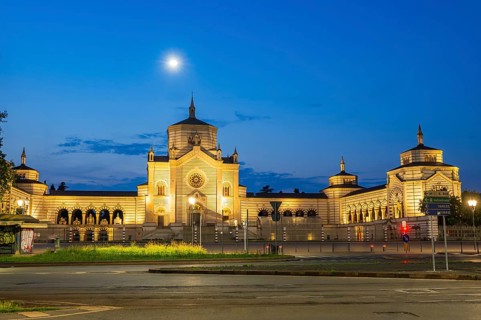 Cimitero Monumentale in the evening by moonlight during the blue hour, Milan, Italy