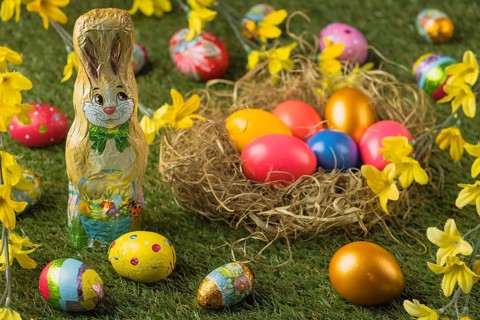 A chocolate Easter bunny next to a nest with colorful Easter eggs surrounded by yellow flowers