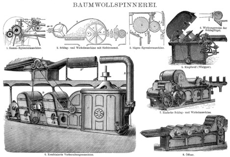Historic illustration, Cotton-spinning machinery, late 19th century, historische Zeichnung,