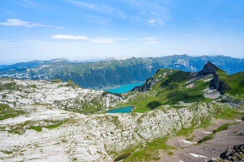 Mountain landscape with Lake Brienz and Lake Sägistal, Bernese Alps, Bernese Oberland, Switzerland