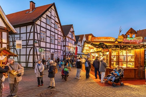 Christmas market and timbering in Soest at dusk, North Rhine-Westphalia, Germany
