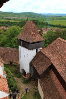 Romania, view from the church tower of the defensive wall and tower of the fortified church of