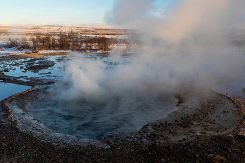 Hot spring, gysir, water vapor, snow, winter, Haukadalur Valley, Golden Circle, Iceland,