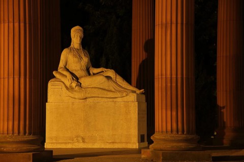 Neoclassical Elizabeth fountain with Greek goddess Hygieia, Hygieia, sculpture, night view,