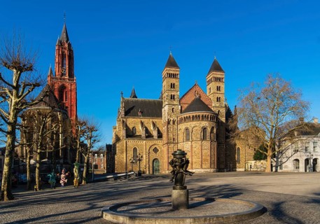 Vrijthof Square with St. Servatius Basilica and Sint-Janskerk in Maastricht, the Netherlands