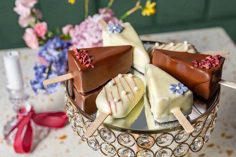 Assorted cake pop sicles, including chocolate and vanilla flavors, are displayed on a decorative