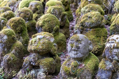 Rakan statues at Otagi Nenbutsuji Temple, stone, moss-covered, Ukyo-ku, Kyoto, Kyoto Prefecture,