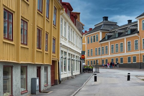 Old yellow and white painted wooden houses, Karlskrona, Götaland, Blekinge, Sweden