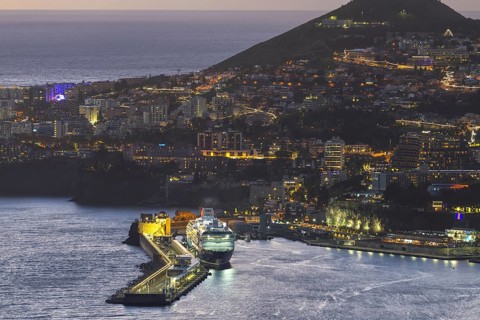 Dusk, Atlantic Ocean, harbour with cruise ships, Funchal, Madeira, Portugal