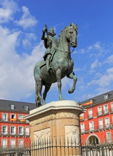 Equestrian statue in Plaza Mayor, Madrid, Spain central square tourist attraction in the heart of