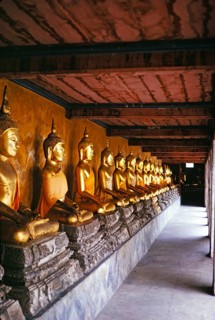 Reihe von sitzenden goldenen Buddha-Statuen, Wat Pho Tempel, Bangkok, Thailand, Asien im Jahr 1964