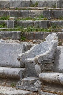 Chair of honour in the theatre of Priene, Priene, Güllübahçe, Aydin province, Aegean region, Turkey