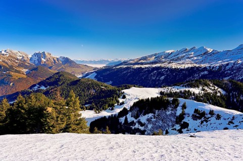 View of snow-covered Säntis and Churfirsten from Gulmen, Amden, Canton of St. Gallen, Switzerland