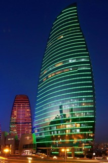 Azerbaijan, Baku, Flame Towers at night, Europe, Asia