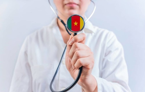 Female doctor holding stethoscope with Cameroon flag. National health system of Cameroon