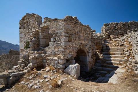 Abandoned stone steps and walls tell the story of an old building, Johanniter Fortress from the