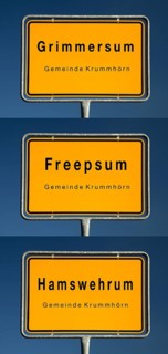 Place name signs for Grimmersum, Freepsum and Hamswehrum, villages in the municipality of