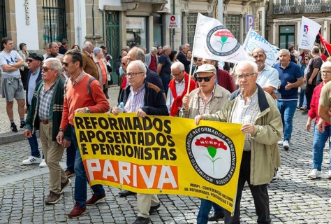 Political rally and march for May Day in city of Guimaraes, Braga district, northern Portugal,