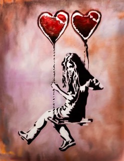 Banksy - Heart-Balloon-Girl riding on a swing, exhibition The World of Banksy
