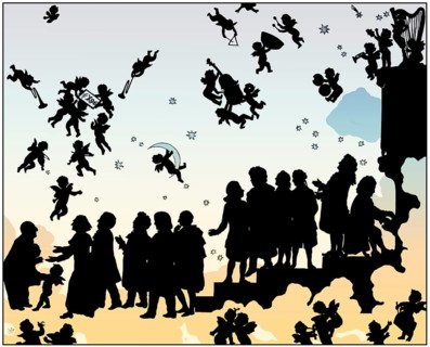Anton Bruckner´s arrival to heaven, Silhouette print by Otto Böhler, digitally edited