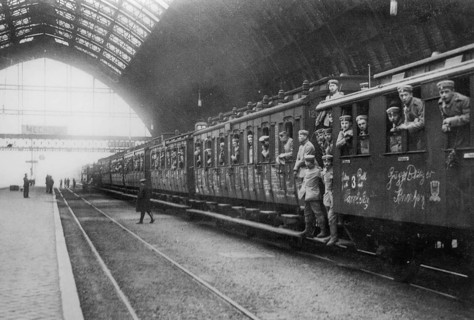 1914 Regiment of German WWI soldiers in train station of Malines, Mechelen, Belgium waiting for