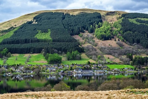 Farm and mountains, Loch Earn, Southern Highlands, Scotland, United Kingdom