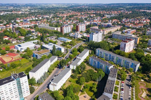 Town view from above with new development area Dresdner Straße and grammar school, Coswig, Saxony,