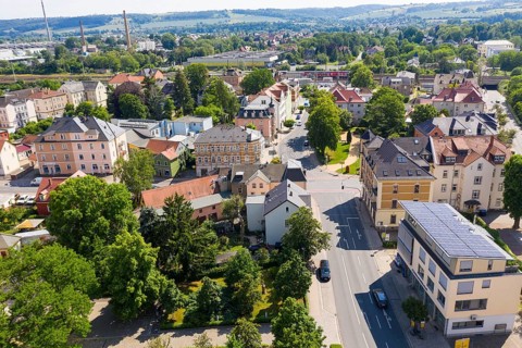 Aerial view of the intersection of Hauptstraße, Dresdner Straße, Bahnhofstraße, Coswig, Saxony,