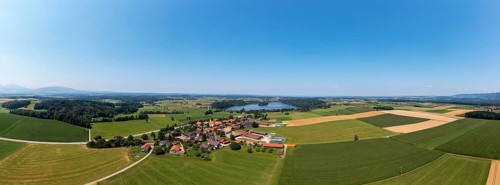 Drone shot, Abtsdorfer See with village Abtsdorf, Rupertiwinkel, Upper Bavaria, Bavaria, Germany