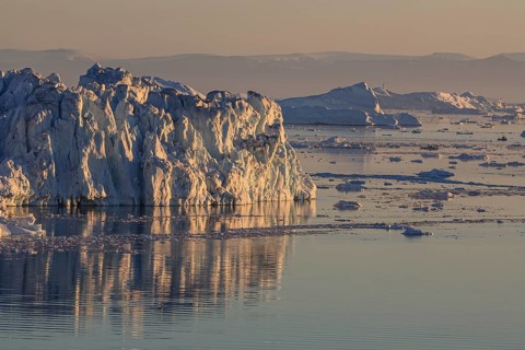 Icebergs and ice floes reflected in the water, summer, midnight sun, Jakobshavn glacier and ice