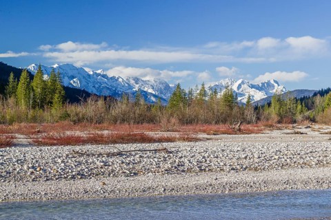 Isar valley nature conservancy area on an early sunny morning. The wild Isar river flows through
