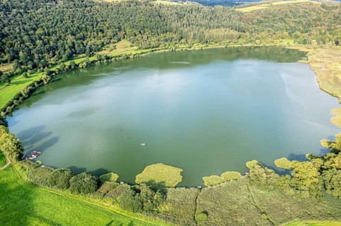 Aerial view of the Meerfelder Maar, Eifel region, Germany