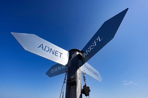 Drone image, signpost at the summit of the Ochsenberg, Osterhorn group, Salzkammergut, Salzburg