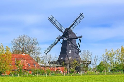 Windmill museum in old smock mill Jachen Flünk in the village Lemkenhafen on Fehmarn island,
